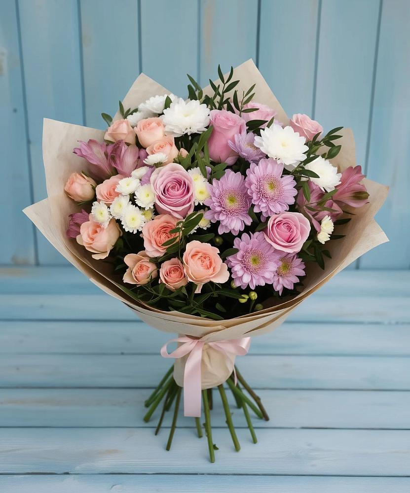 Букет цветов из: Хризантемы, Розы и Альстромерии в Мекенской