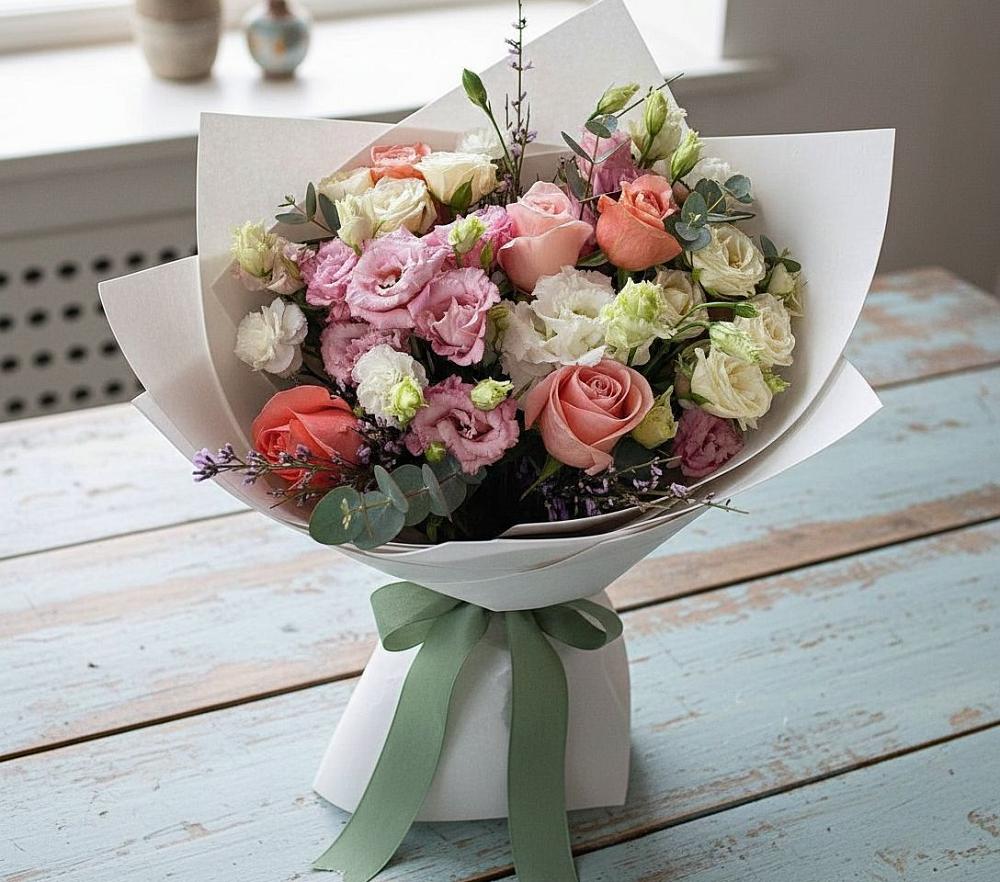 Букет цветов из: Розы, Лизиантусы и Гвоздики в Мекенской