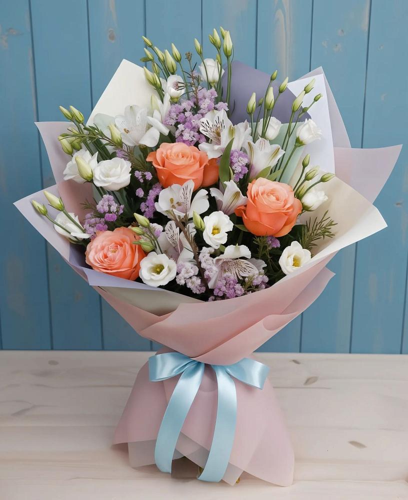 Букет цветов из: Лизиантусы, Розы, Альстромерии и Гипсофила в Мекенской
