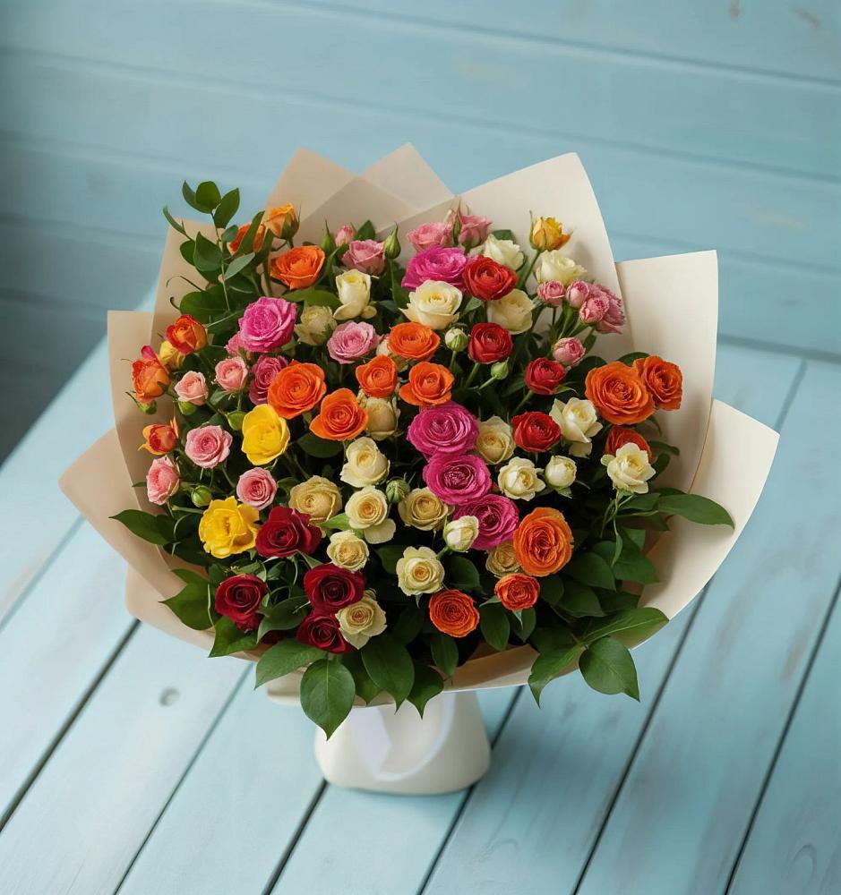 Букет Микс из разноцветных кустовых роз в Мекенской