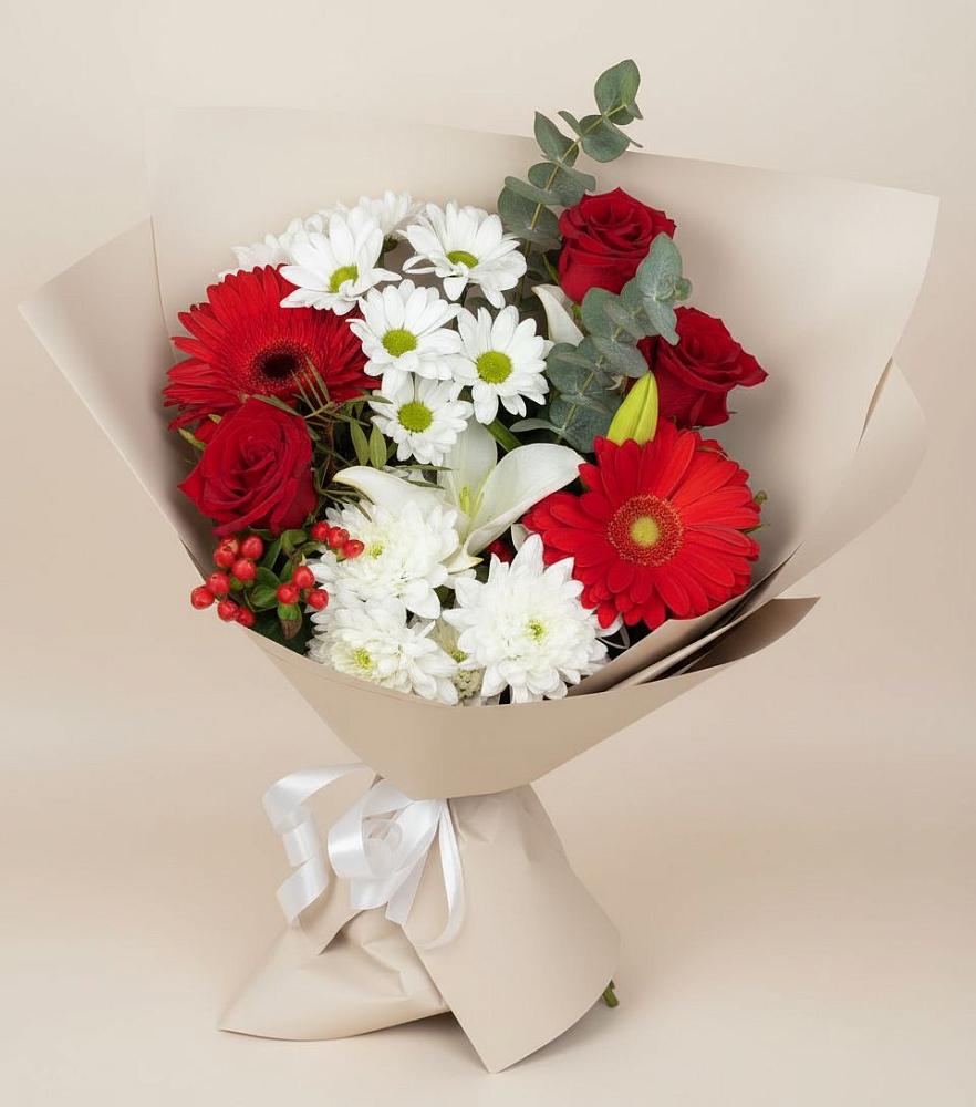 Букет цветов из: Розы, Хризантемы, Герберы и Лилии в Мекенской