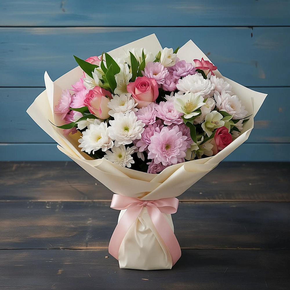 Букет цветов из: Хризантемы, Альстромерии и Розы в Мекенской